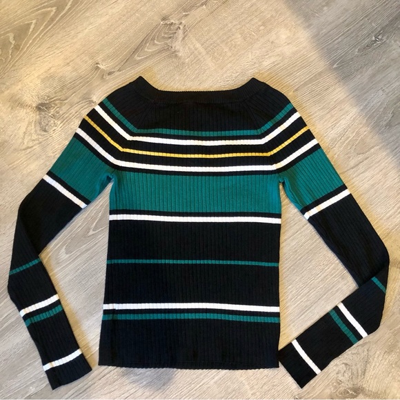 Express Fitted Ribbed Crew Neck Sweater, Size M, Color Black and Green - Picture 2 of 5